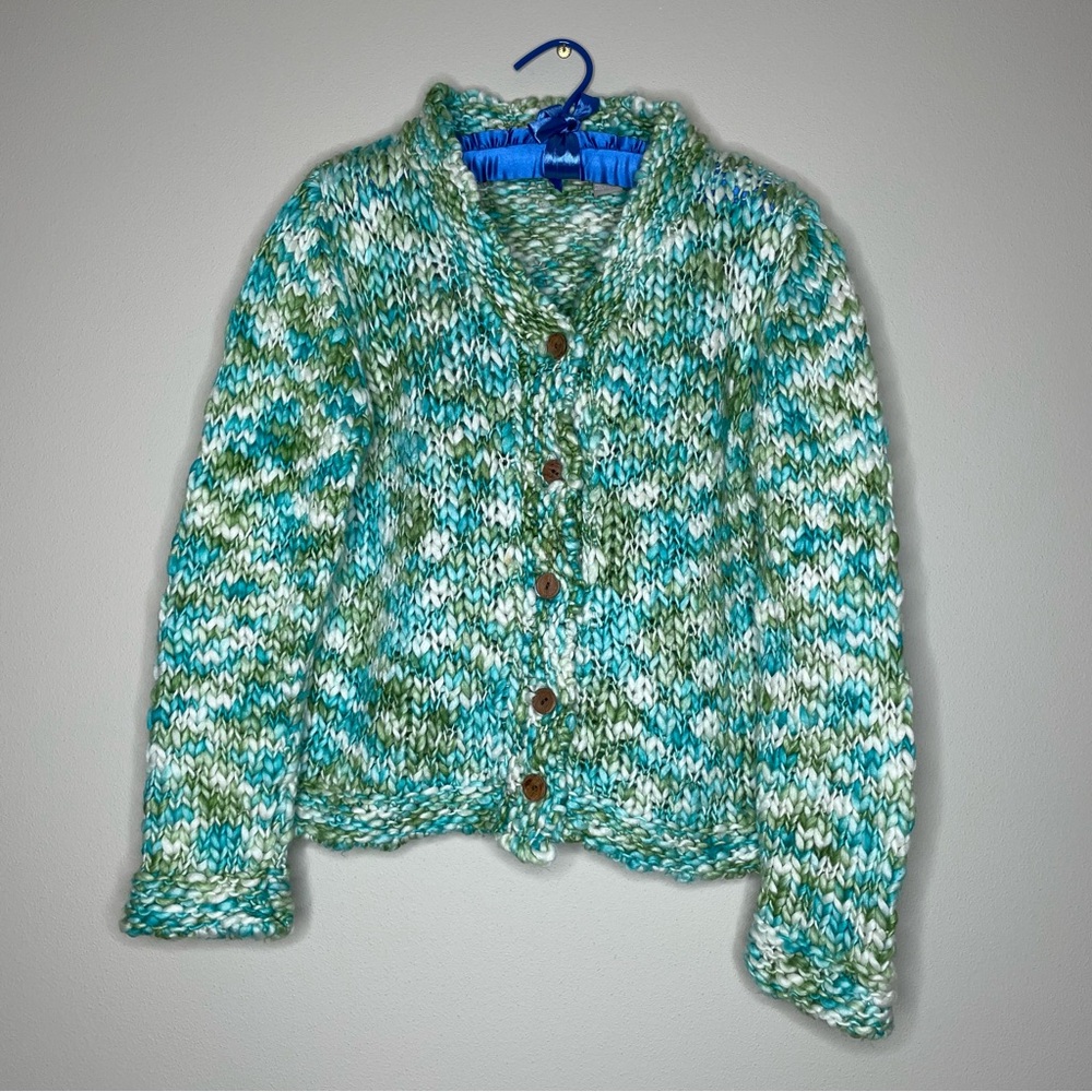Vintage FieldGear Sweater in Shades of Green and White Chunky Knit Cardigan